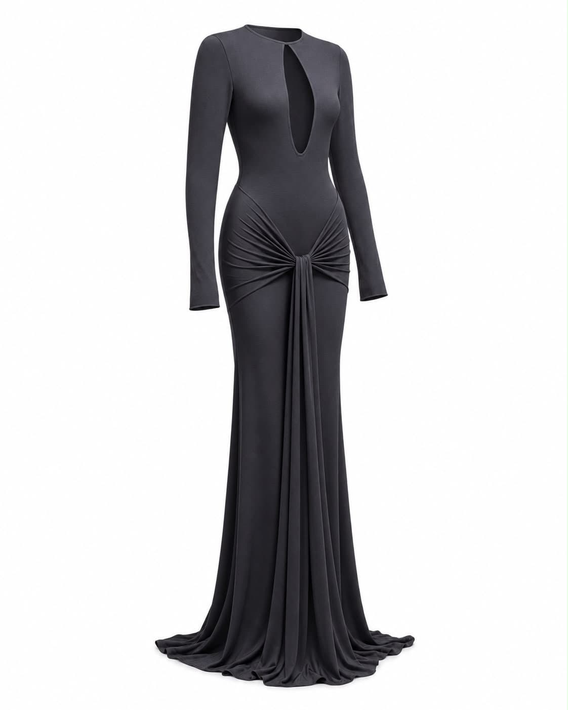 Anthracite floor-length jersey gown, front view, showing the keyhole neckline and waist knot