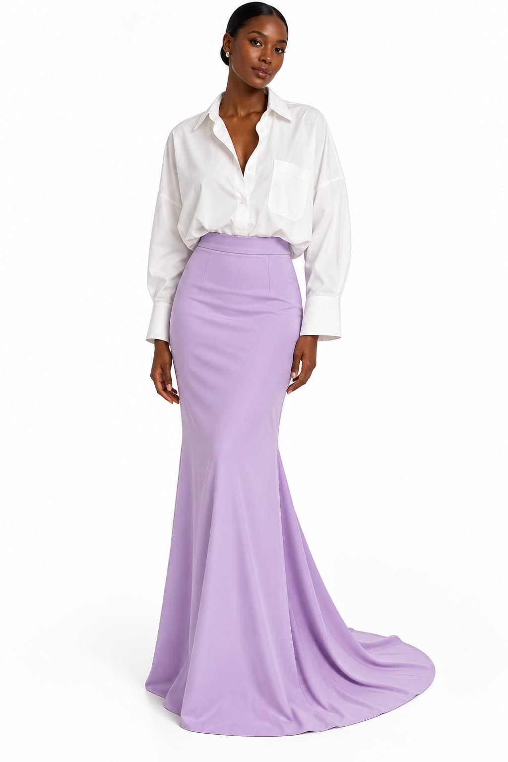 Sirène Lilas Skirt worn with a white shirt, full length