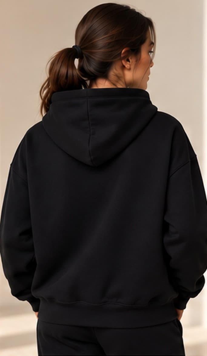 Brada Noir Hoodie, back view showing the hood