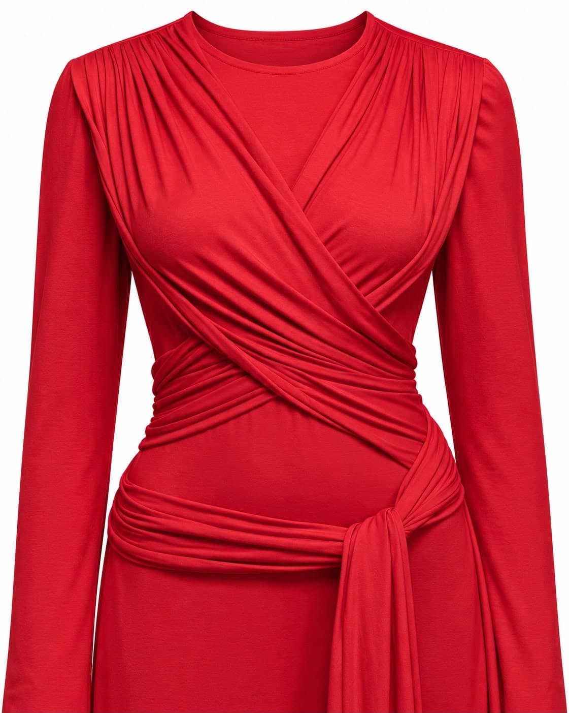 Close-up of the cross-draped panels and waist tie on the red jersey gown