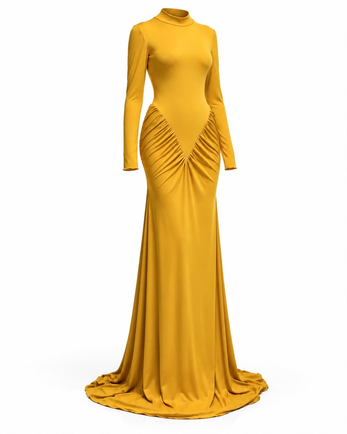Saffron jersey gown, three-quarter view, showing the ruched hip panel and the fall of the skirt to the floor