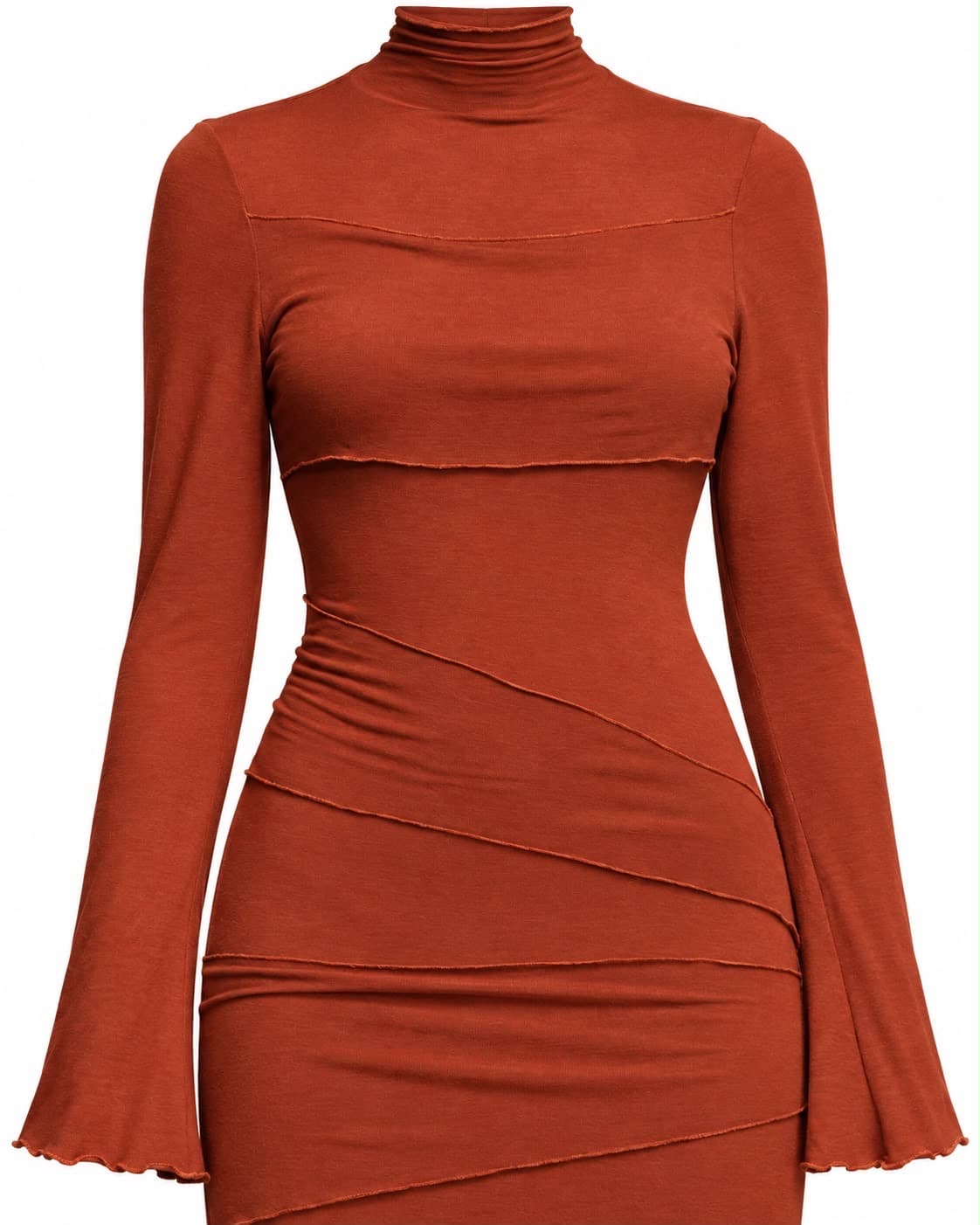 Close-up of the diagonal ruching across the bodice of the rust jersey gown
