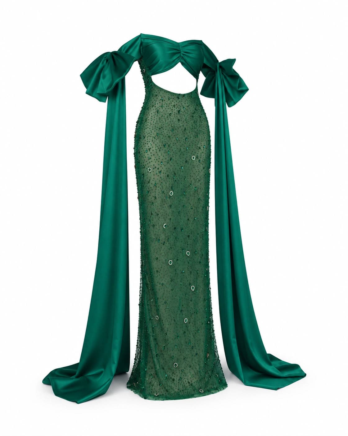 Émeraude Cape Gown, front with the cape streamers extended