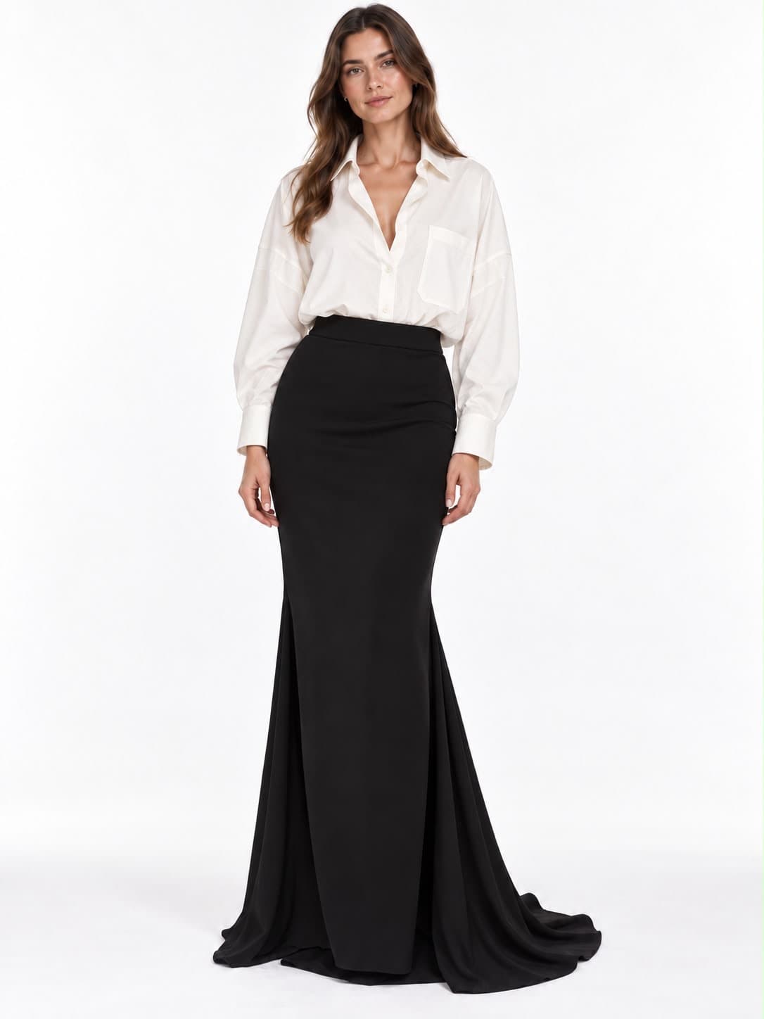 Sirène Noire Skirt worn with a white shirt, full length