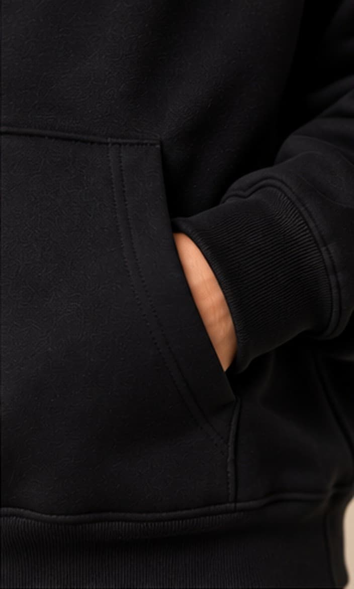 Detail of the kangaroo pocket and ribbed cuff