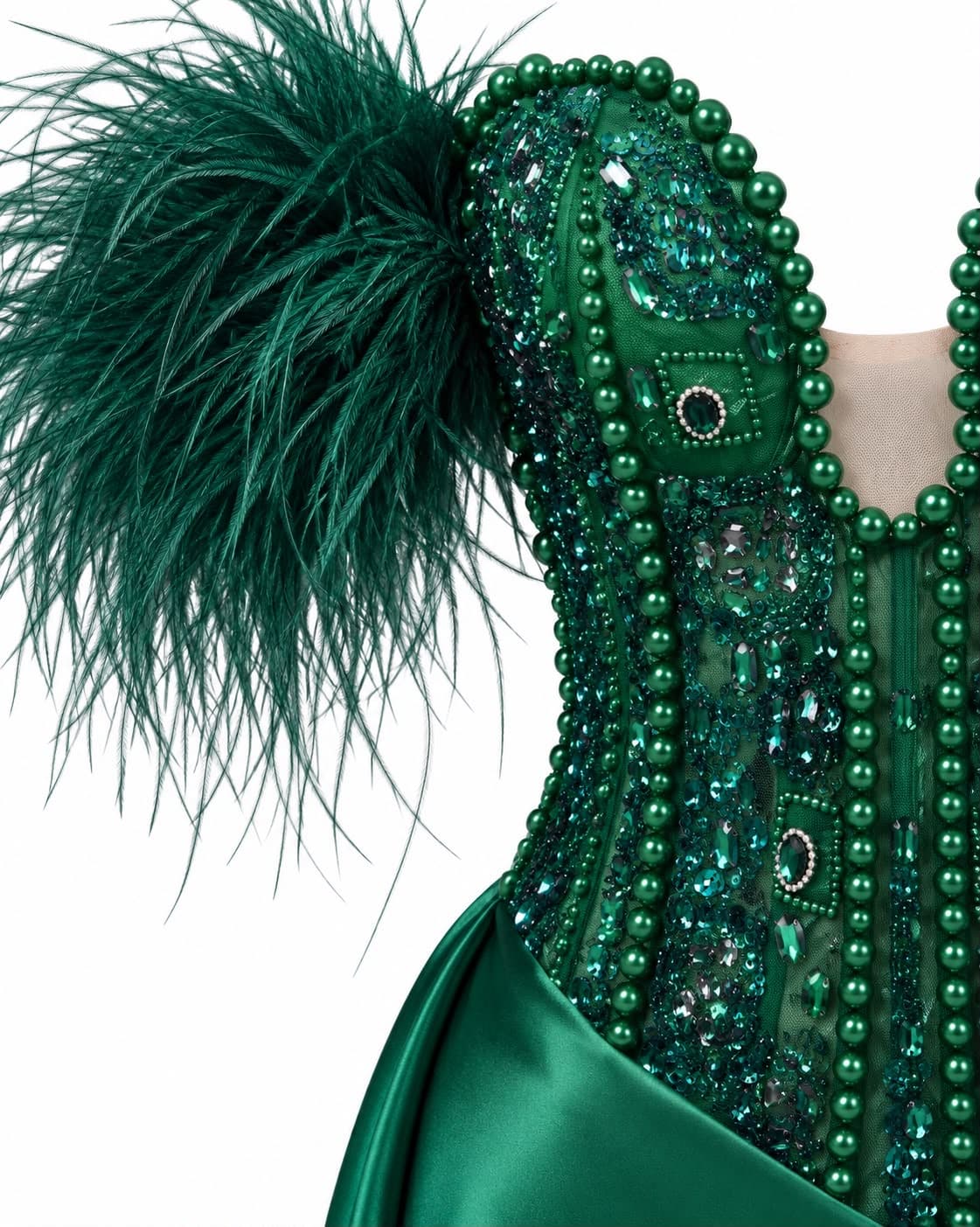 Ostrich-feather trim and beaded bodice detail