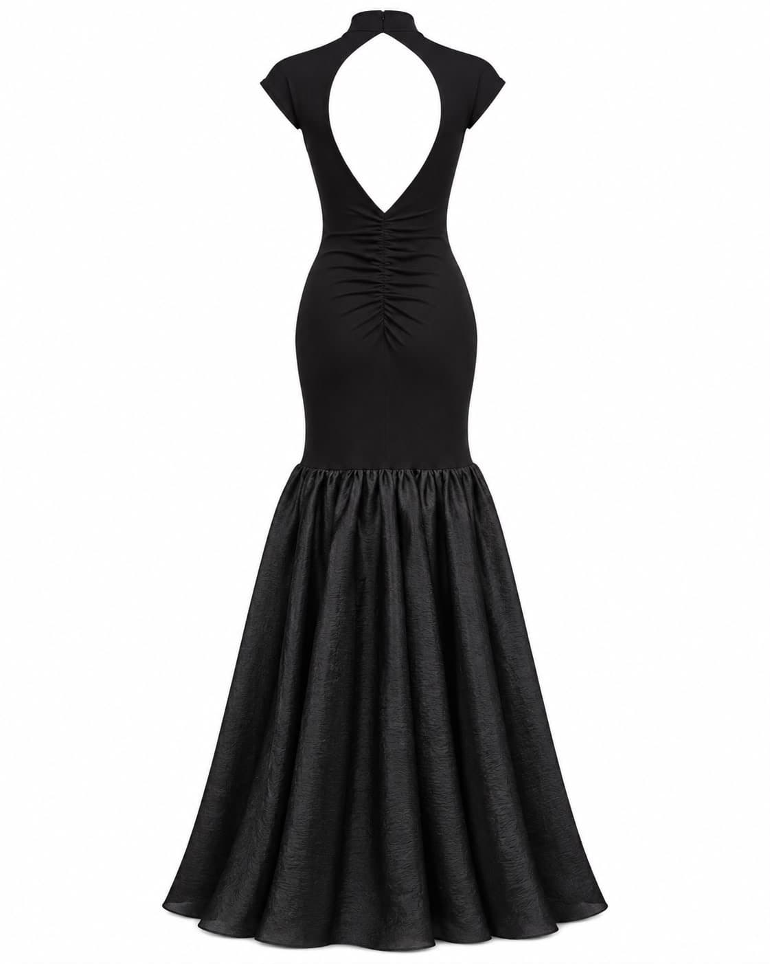 Black gown, back view, showing the open back and full skirt