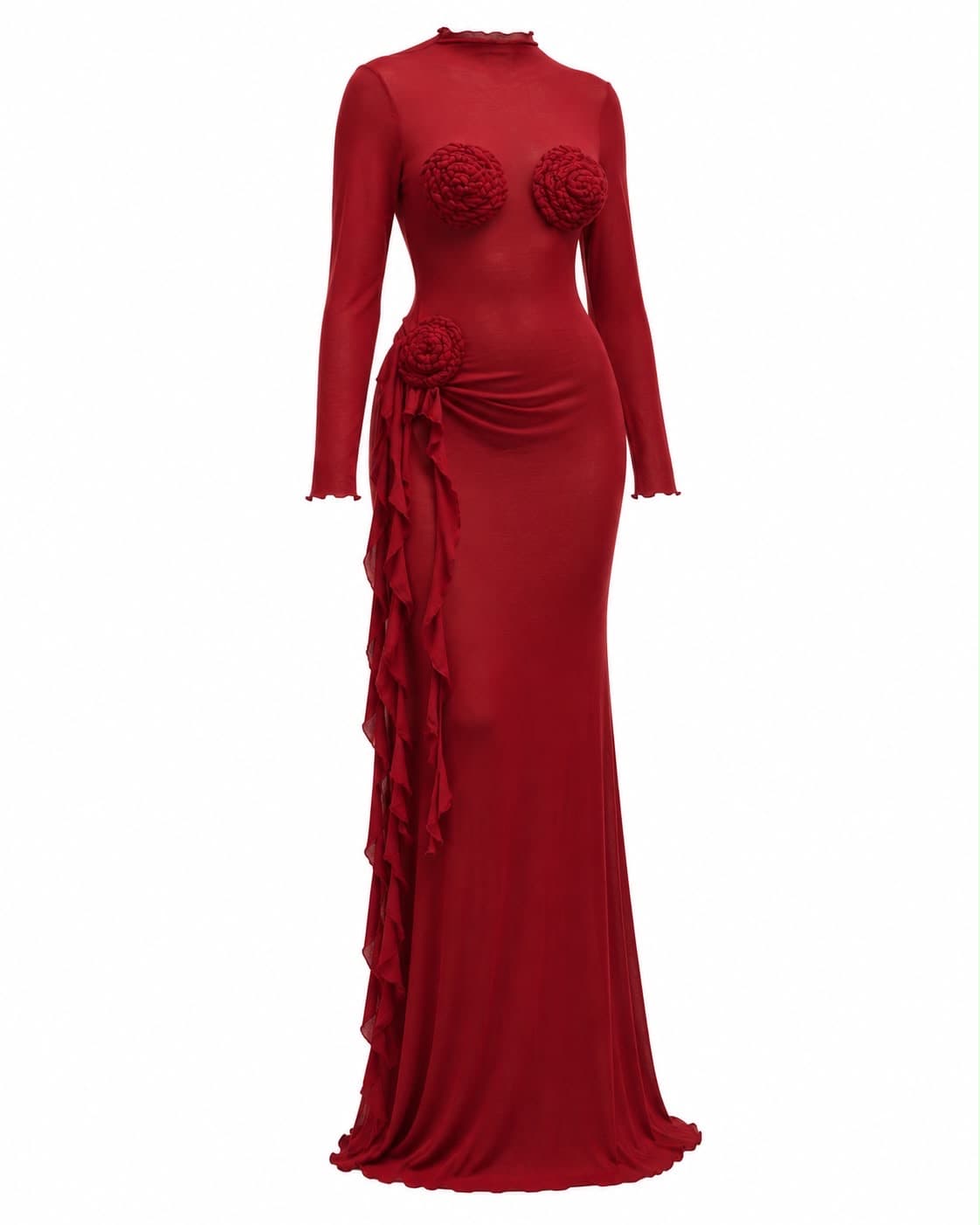 Red jersey gown, front view, showing the bust rosettes and side ruffle cascade