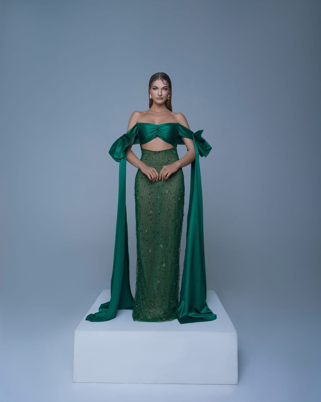 Émeraude Cape Gown worn, front view